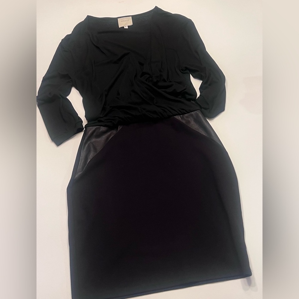 MASON by Michelle Mason Surplice Faux Wrap Lambskin Leather Accents‎ Dress Small